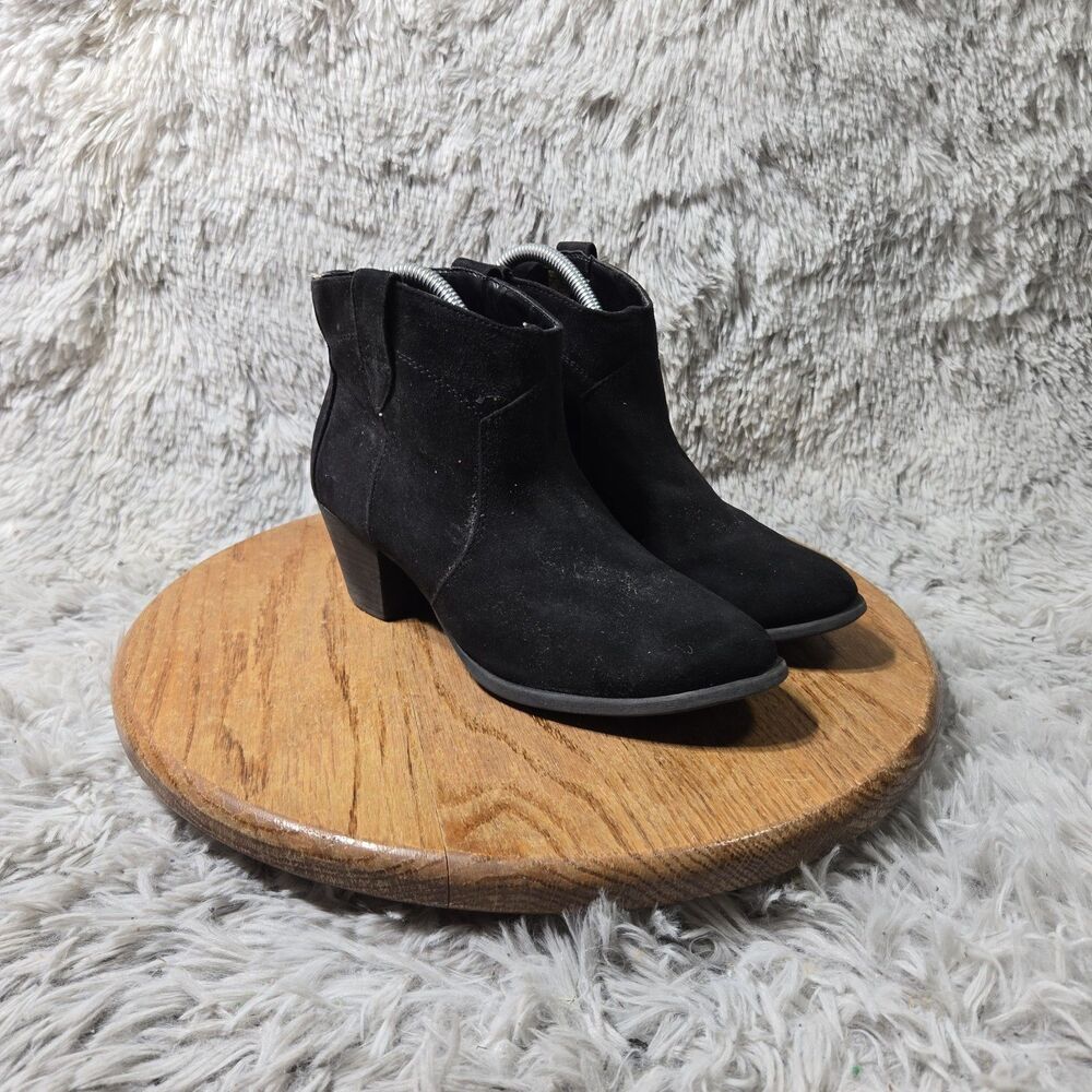Faded Glory Womens Black Faux Suede Ankle Boot Block Heel Side Zip Size 7 EU 38